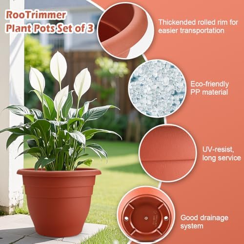 RooTrimmer 3-Pack 16 Inch Large Outdoor Plastic Plant Pots with Drainage Holes – Durable,Lightweight & Weather-Resistant Flower Planters for Patio,Garden,Balcony (Pottery Red) - Image 3