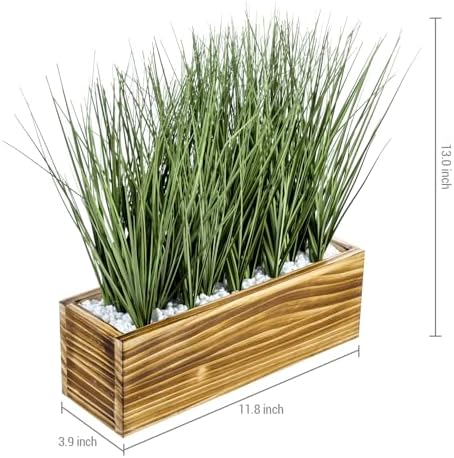 MyGift 12 Inch Artificial Grass Plant, Rustic Burnt Wood Planter Box - Image 5