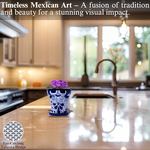 Talavera Planter - Mexican Ceramic Pot with Drainage (White & Blue-Medium) - Image 5