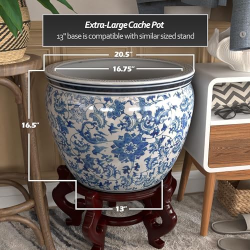 Red Lantern Large 20" Porcelain Fishbowl Blue & White Floral Planter or Cachepot for Indoor/Outdoor Use in Garden Entryway Living Room Boho Eclectic Modern Contemporary Classic Traditional Style Decor - Image 4