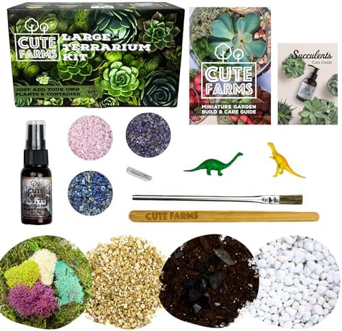 Cute Farms Terrarium Starter Kit | Moss, Vermiculite, Soil, Pebbles, Plant Food, & Finishing Tools (Large Kit + Crystals) - Image 6