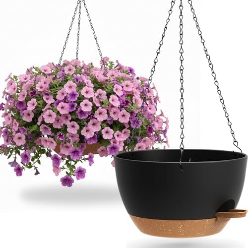 UOUZ 13 Inch 2 Pack Large Self Watering Hanging Planters for Indoor Outdoor Plants, Hanging Plant Pots with Removable 50 Oz Reservoir, Plastic Hanging Basket for Window Porch Garden, Black with Brown by UOUZ