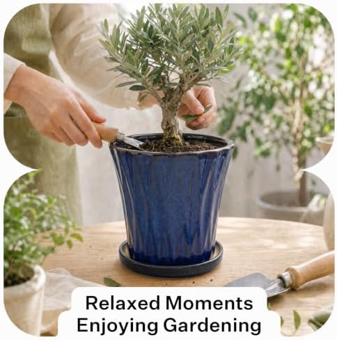 8.3 Inch Ceramic Planters with Drainage Hole and Saucer,Indoor Outdoor Large Flower Pots, Garden Pot for Plant Lovers (Blue) - Image 5