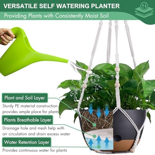 3 Pack 8/10/12 Inch Self-Watering Hanging Plant Pot Chain& Macrame Hangers - Image 5