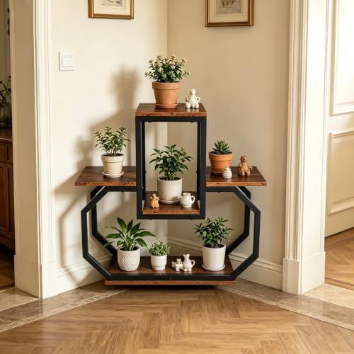 Wooden Plant Stand Indoor, 26.96" Tall Flower Stand with Square Brown Shelves, 5-Tier Black Metal Plant Shelf Corner Flower Rack, Unique Geometry Flower Pot Holder, Multi-tiered Display Shelf for Living Room Bedroom Study Room Balcony Office by Unknown