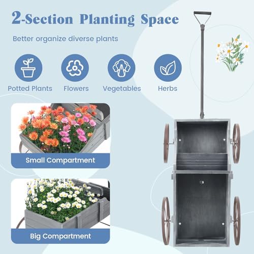 DORTALA Wood Wagon Planter, Outdoor Garden Flower Planter Cart with Wheels, Small Decorative Wood Raised Bed Plant Pot Box Stand for Backyard, Patio, Balcony, Grey - Image 3
