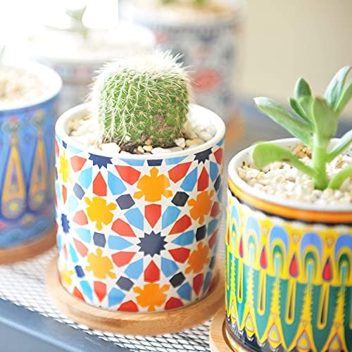 6 Pack Mandala Succulent Plant Pot with Bamboo Trays, Ceramic Multicolored Succulent Container Planter Pot for Small Plant - Image 5