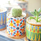 6 Pack Mandala Succulent Plant Pot with Bamboo Trays, Ceramic Multicolored Succulent Container Planter Pot for Small Plant - Image 5