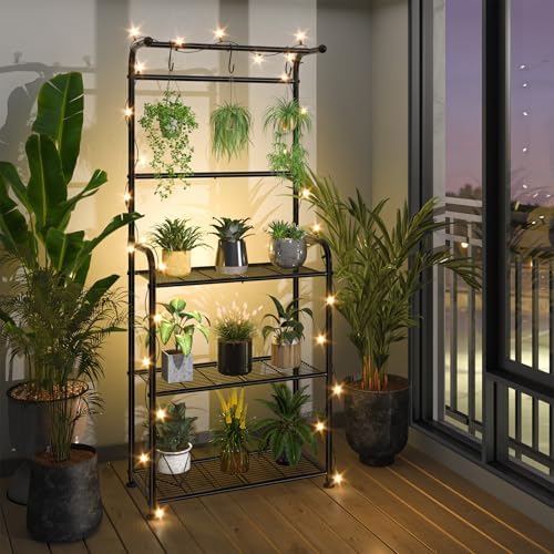 Ekisemio Plant Stands Outdoor with Hooks, Metal Tall Plant Shelves Indoor for Hanging Planter, Black - Image 5