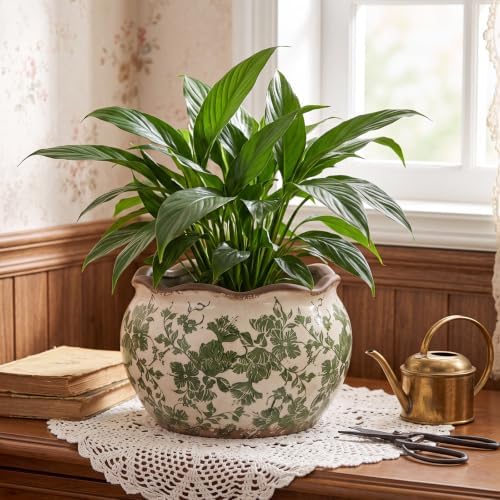 Geetery Ceramic Planter Pot 9.6 Inch Round Plant Pot, Vintage,Green,Medium - Image 4