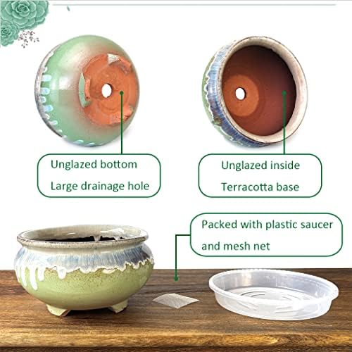 7 Inch Glazed Terracotta Plant Pot Round Ceramic Succulent Planter Pot with Drainage and Saucer Cactus Clay Pot (Green Flowing Glaze) - Image 2