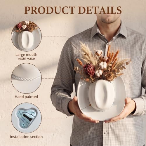 Hanging Wall Vase for Flowers Resin Cowboy Hat Vase Western Decor White - Image 3