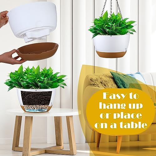 Remerry 6 Pcs 11.2 Inch Hanging Planters Hanging Plant Basket for Indoor Outdoor Plants Set Plastic Hanging Flower Pot with Drainage Holes and Removable Trays for Home Garden (White) - Image 4