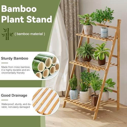 Foldable Ladder Shelf 37.8" Bamboo Plant Shelf 3-Tier Storage Rack - Image 5