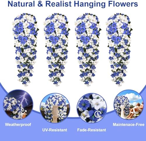 Artificial Hanging Flowers for Outdoors, 4 PCS 544 Blooms UV Resistant Morning Glory Faux Silk Vines, No-Odor Realistic Fake Plants for Garden Planter Porch Patio Decoration, White Blue - Image 5