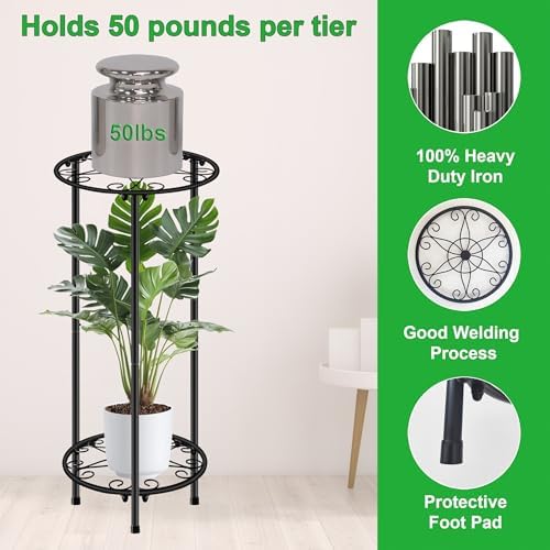 CASIMR Plant Stand Indoor Outdoor, Metal Rustproof Flower Shelf 2 Tier 23.9 inch, Tall Multiple Plant Pot Holder Rack for Garden Patio Living Room Corner Balcony, 2 Pack Black - Image 2