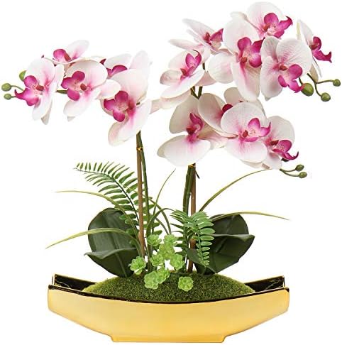Briful Orchids Artificial Flowers 15" Light Pink Phalaenopsis Orchid with Gold Pots Real Touch Faux Orchid Plant for Home Office Living Room Table Shelf Decor by Briful