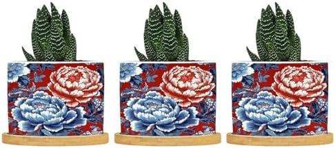 Red and Blue Chinoiserie Floral Planters Ceramic Chinoiserie Chic Asian Round Plant Pot with Drainage Holes and Bamboo Tray Pot for Pots Outdoor Indoor Plants by BRUYU5SE