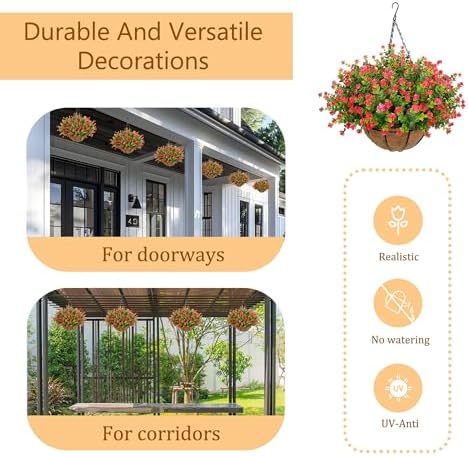 NETAP Artificial Hanging Flowers Basket for Outdoor, 16 Fake Flowers Look Real UV Resistant, Faux Hanging Plants for Porch, Balcony, Patio, Garden, Spring Summer Decor,Red - Image 6