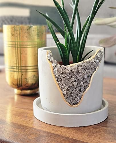 4 Inch Crystal Plant Pot with Saucer - Cement Geode Planter - Concrete Pots for Plants - Modern Succulent Pot Indoor - Unique Air Plant Holder - Candle Holder - Small Plant Home Decor (Smoky Quartz) - Image 2