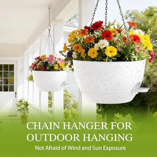 12 Inch Hanging Baskets 2 PC with Chains, Self-Watering Hanging Planters for Indoor Outdoor Plants, Plastic Hanging Flower Pots,Speckled White - Image 5