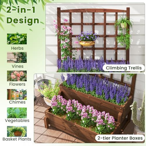 GIANTEX 2 Pcs Raised Garden Bed with Legs and Trellis, 2-Tier Standing Planter Box with Drain Holes, Outdoor Elevated Garden Trellis for Vine Climbing, Flower Vegetable Fruit Herb Growing - Image 5
