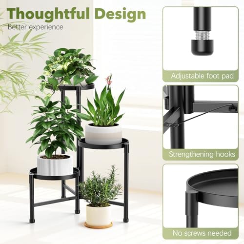 3 Tier Corner Plant Stand Indoor Outdoor, Metal, 10 Inch Wide Tray, Black - Image 3