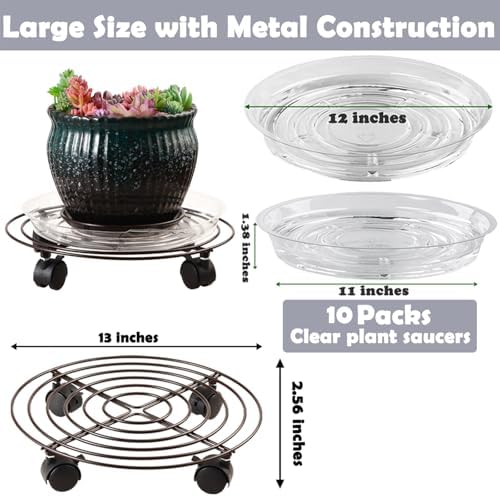 10 Packs Large Metal Plant Caddy with Wheels 13" Heavy-duty Wrought Iron Rolling Plant Stands with Casters Plant Dolly Plant Roller Base for Indoor and Outdoor Plant Pot Movers Saucers Brown - Image 3