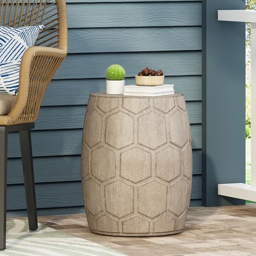 ø15.25'' Concrete Side Table End Table for Outdoor & Living Room, Modern Boho Round Circle Drum Style, Durable and Lightweight, Cement Material, Natural Wood Grain, No Assembly, Natural - Image 3