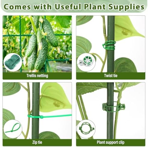 Cucumber Trellis for Garden, Upgrade U-Shaped Metal Garden Trellis Plant Grow Support Frame for Climbing Plants Vegetable Flower Fruits Vine Raised Bed with Netting, Instruction, Garden Tools, Green - Image 6