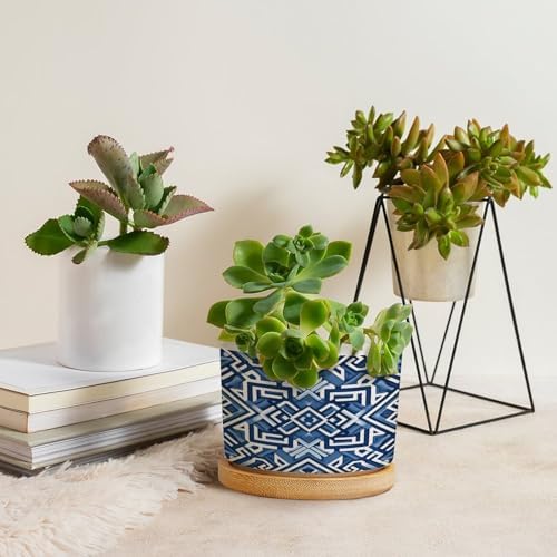 Lacefield Print Geometric Blue Ceramic Planters Chinoiserie Grandmillenial Trail Planters for Outdoor Plants with Drainage Holes and Saucers Pot for Home Office Desk Garden - Image 4