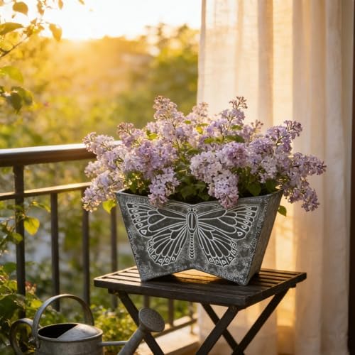 GreenShip 16 Inch Large Resin Flower Pots, Resin Planter Pot with Drainage Hole, Vintage Butterfly Embossed Decorative Garden Pot, Weather-Resistant for Porch, Patio, Indoor Use, Dark Grey - Image 5
