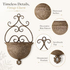 Vintage Wall Hanging Planter with Ornate Scroll Design, Distressed Rust Iron Wall Mount Flower Pot, Rustic Farmhouse Decorative Pot for Indoor Outdoor Porch Entryway Garden Wall Decor(A3076) - Image 6
