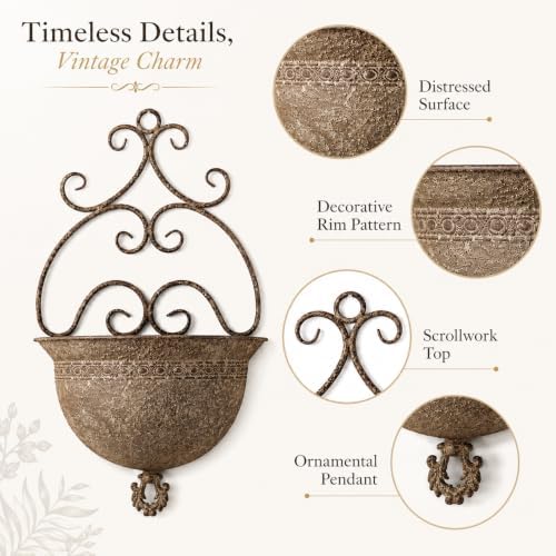 Vintage Wall Hanging Planter with Ornate Scroll Design, Distressed Rust Iron Wall Mount Flower Pot, Rustic Farmhouse Decorative Pot for Indoor Outdoor Porch Entryway Garden Wall Decor(A3076) - Image 6