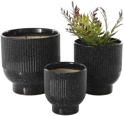 Deco 79 Ceramic Indoor Outdoor Planter Speckled Small Planter Pot with Linear Grooves and Tapered Bases, Set of 3 Planters 9", 8", 6"H, Black by Unknown