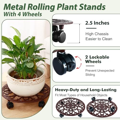 1 Packs 14 Inch Rolling Plant Stand with Wheels Metal Plant Caddy with Wheels Heavy Duty Round Plant Stand Indoor Iron Plants Rollers for Plants, Plant Dolly Brown - Image 3
