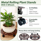 1 Packs 14 Inch Rolling Plant Stand with Wheels Metal Plant Caddy with Wheels Heavy Duty Round Plant Stand Indoor Iron Plants Rollers for Plants, Plant Dolly Brown - Image 3