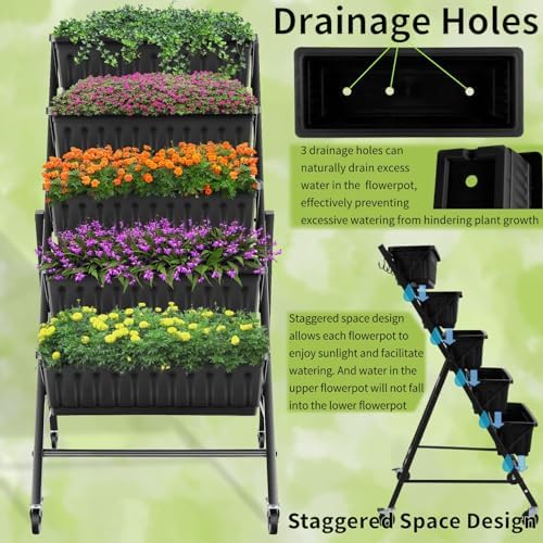 Homdox 4FT Vertical Garden Bed, 5 Tiers Raised Garden Planter, 25.6 * 26 * 48Inch with 4 Hooks & 4 Wheels, Vegetable Flower Stand for Garden Patio Yard, Black - Image 3