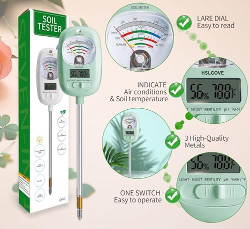 HSLGOVE Soil Test Kit, 7-in-One Soil Moisture Meter/Soil PH Meter/Fertility, Dual Screen Soil Tester w/Digital Soil Temp/Air Temp&Humidity for Plants Gardening,Lawn,Farm Indoor&Outdoor-AppleGreen - Image 6