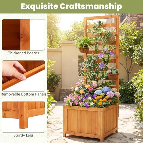 Giantex Wood Raised Garden Bed with Trellis, Outdoor Planter Box for Vines Flowers Vegetables, Herbs, Freestanding Plant Container Privacy Planters for Porch, Patio, Backyard - Image 5