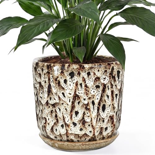 10 Inch Ceramic Plant Pot with Drainage Hole Mesh Net, Large Flower Pots for Indoor Plants with Saucer, Gardening Pots Outdoor by Unknown