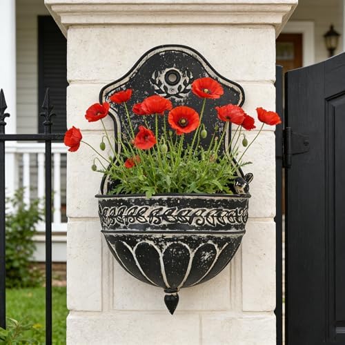 Vintage Distressed Black Metal Wall Planter, Rustic Hanging Pocket Planter with Scrollwork & Scalloped Design, Farmhouse Wall Decor for Indoor & Covered Outdoor Garden, Porch & Entryway by Unknown