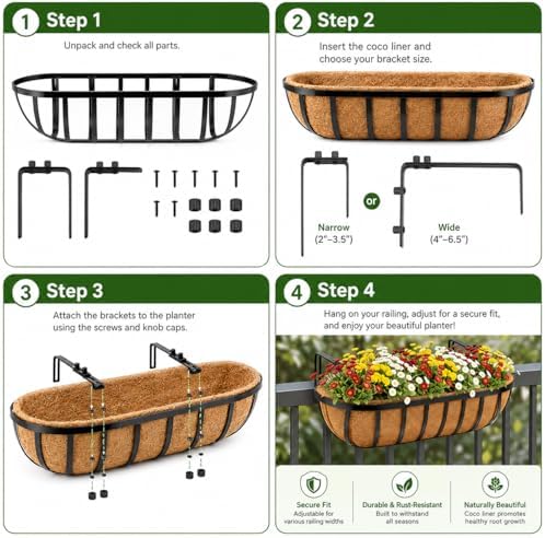 Y&M Railing Planter Boxes 24 Inch 2 Pack, 2-in-1 Adjustable Hanging Balcony Planters with Coco Liners, Heavy Duty Window Box Planters with Support Rods for Outdoor Garden - Image 6