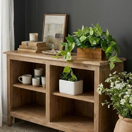 MyGift Artificial Pothos Plant, Acacia Wood Planter Box, Faux Greenery - Image 4