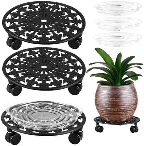 3 Pack Plant Caddy with Wheels, PlanterHoma 11 Inch Metal Plant Stand with Wheel Heavy Duty Wrought Iron Planter Dolly Rolling Stand Plant Roller with Caster for Indoor and Outdoor with 3 Pack Saucers by Planterhoma
