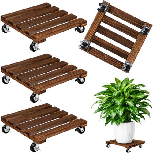 4 Pack Wooden Plant Stand With Wheels, 12" Rolling Planter Base Plant Stand, With Metal Lockable Caster Wheels, For Indoor Outdoor Plant Pots by Unknown