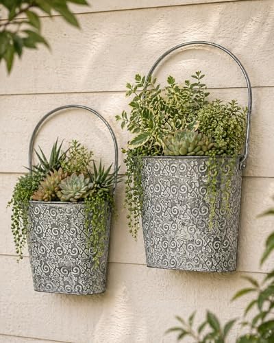Metal Wall Pocket Planters Set of 2 Rustic Farmhouse Hanging Wall Vases Olive Green Galvanized Steel Indoor Outdoor Garden Decor 14" x 6" - Image 3