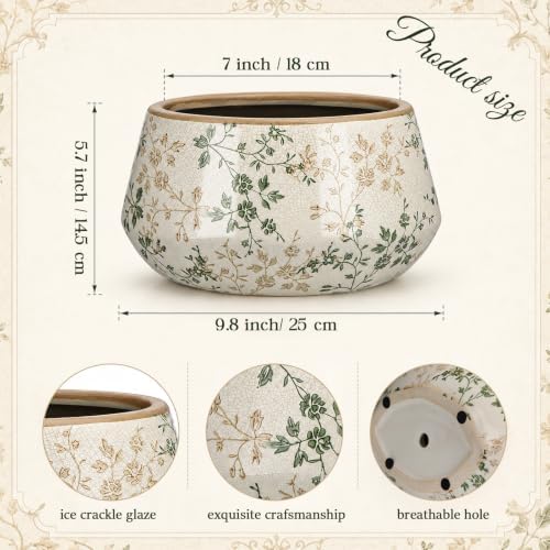 9.8 Inch Large Vintage Ceramic Planter Ice Crack Glaze Pink Wildflowers Plants Pot with Drainage Hole Rustic Antique Flower Pot Decorative Gifts for Home Kitchen Office Indoor Outdoor Plants - Image 2