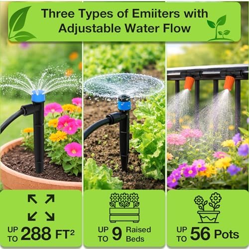 MIXC 300FT Drip Irrigation System Kit, Automatic Garden Misting Watering System with 100FT 1/2" & 200FT 1/4" Irrigation Tubing, Fitting, Adjustable Emitter for Greenhouse Lawn Raised Bed Potted Plant - Image 2