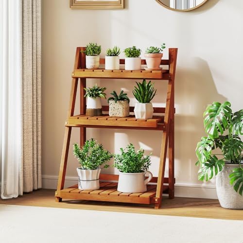 GIANTEX Foldable Ladder Plant Shelf, 3-Tier Solid Wood Indoor Outdoor Flower Pot Display Rack, Corner Storage Bookshelf, Freestanding Tiered Plant Stand for Garden Patio Balcony, No Assembly - Image 2